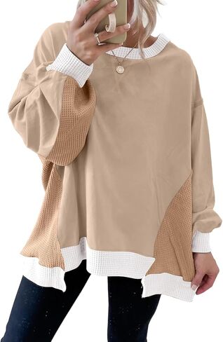 SHEWIN Womens Sweatshirt Crew Neck Waffle Knit Tops Color Block Oversized Long Sleeve Shirts Fall Outfits for Women 2026 in Kuwait