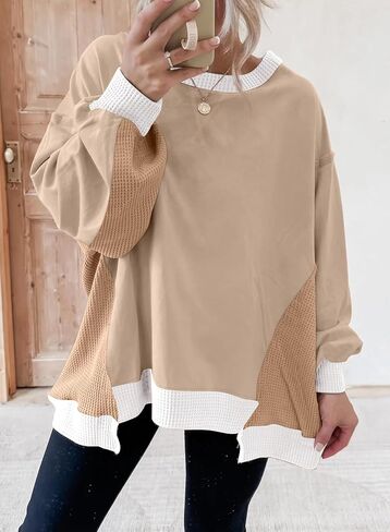 SHEWIN Womens Sweatshirt Crew Neck Waffle Knit Tops Color Block Oversized Long Sleeve Shirts Fall Outfits for Women 2026 in Kuwait
