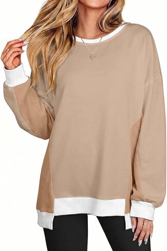 SHEWIN Womens Sweatshirt Crew Neck Waffle Knit Tops Color Block Oversized Long Sleeve Shirts Fall Outfits for Women 2026 in Kuwait