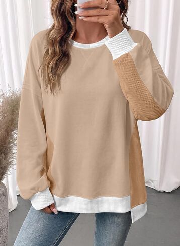 SHEWIN Womens Sweatshirt Crew Neck Waffle Knit Tops Color Block Oversized Long Sleeve Shirts Fall Outfits for Women 2026 in Kuwait