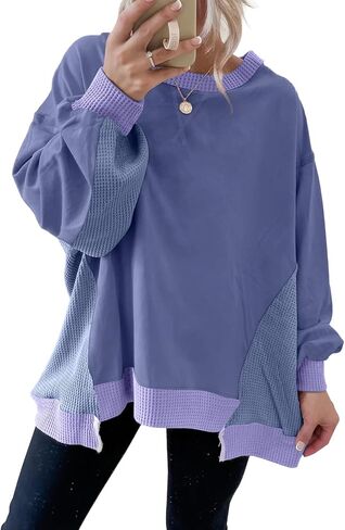 SHEWIN Womens Sweatshirt Crew Neck Waffle Knit Tops Color Block Oversized Long Sleeve Shirts Fall Outfits for Women 2026 in Kuwait