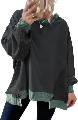 SHEWIN Womens Sweatshirt Crew Neck Waffle Knit Tops Color Block Oversized Long Sleeve Shirts Fall Outfits for Women 2026 in Kuwait
