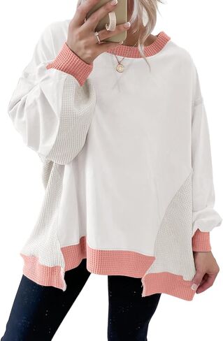 SHEWIN Womens Sweatshirt Crew Neck Waffle Knit Tops Color Block Oversized Long Sleeve Shirts Fall Outfits for Women 2026 in Kuwait