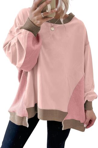 SHEWIN Womens Sweatshirt Crew Neck Waffle Knit Tops Color Block Oversized Long Sleeve Shirts Fall Outfits for Women 2026 in Kuwait