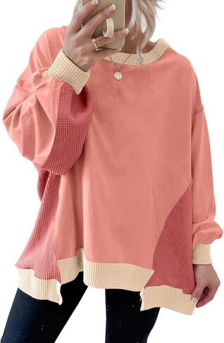 SHEWIN Womens Sweatshirt Crew Neck Waffle Knit Tops Color Block Oversized Long Sleeve Shirts Fall Outfits for Women 2026 in Kuwait