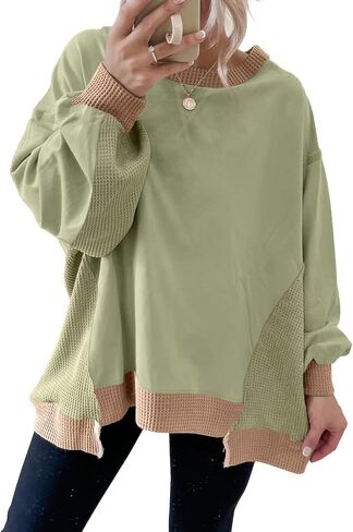 SHEWIN Womens Sweatshirt Crew Neck Waffle Knit Tops Color Block Oversized Long Sleeve Shirts Fall Outfits for Women 2026 in Kuwait