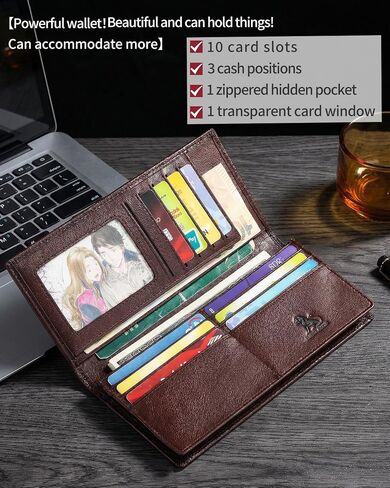 Unisex Vintage Leather Long Bifold Wallet - RFID Blocking Billfold with ID Window & Multi-Card Slots - Genuine Cowhide Cash & Receipt Organizer for Travel (91644-Coffee) in Kuwait