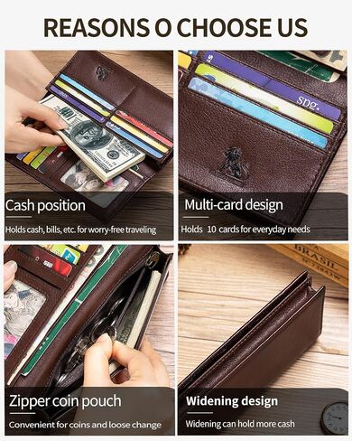 Unisex Vintage Leather Long Bifold Wallet - RFID Blocking Billfold with ID Window & Multi-Card Slots - Genuine Cowhide Cash & Receipt Organizer for Travel (91644-Coffee) in Kuwait