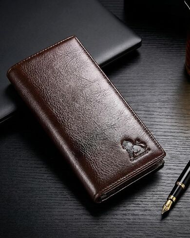 Unisex Vintage Leather Long Bifold Wallet - RFID Blocking Billfold with ID Window & Multi-Card Slots - Genuine Cowhide Cash & Receipt Organizer for Travel (91644-Coffee) in Kuwait