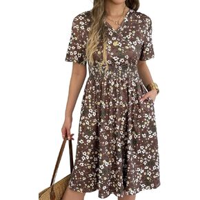 Womens Midi Floral Dress - Short Sleeve Wrap V-Neck Summer Dress with Smocked Waist - A-Line Spring Dress with Pockets in Saudi Arabia