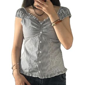 Womens Y2k Fairy Grunge Shirts Cap Sleeve Scoop Neck Button-up Blouse Ruffle Hem Babydoll Tops Coquette Clothes in Saudi Arabia