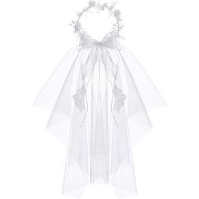 Girls First Communion Veil White Flower Crown Floral Pearls Wreath Lace Veil in Kuwait