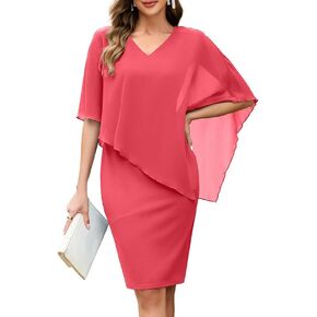 oten Women's Chiffon Wedding Guest Bodycon Dress Cape Overlay V Neck Cocktail Birthday Party Knee Length Pencil Dresses in Saudi Arabia