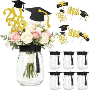 6 Sets 2026 Graduation Centerpieces for Tables,Mason Jars Centerpieces with Cake Topper and Grad Cap,College Graduation Table Decorations, Congrats Grad Party Decor Supplies (Black and Gold) in Saudi Arabia