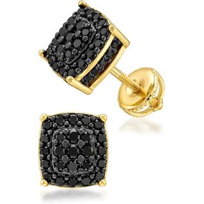Black Cubic Zirconia Gold Stud Earrings for Men - 14K Gold-Plated CZ Halo Cluster Square Stud Earring | Screw Back Mens Earrings | Hip Hop Statement Jewelry 7.5MM in Saudi Arabia