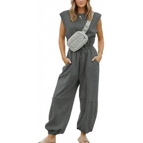 COCCKO Womens Casual Jumpsuit Crewneck Cap Sleeve Long Wide Leg Pants One Piece Outfits Drawstring Romper with Pockets in Saudi Arabia