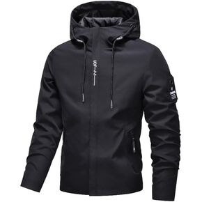 Men's Casual Outdoor Jacket, Solid Color Hooded Coat with High Neck & Multiple Pockets in Kuwait
