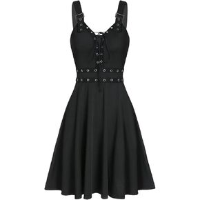 Women Goth Punk V-Neck Open Back Midi Dress - Sleeveless Lace up Buckle Design, Hippie Style Casual Beachwear in Saudi Arabia