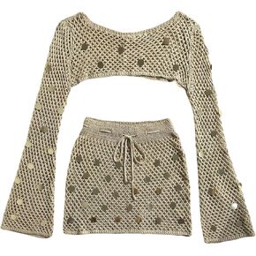 SweatyRocks Women's Sequin Crochet Swimsuit Cover Up Sets 2 Piece Outfits Long Sleeve Crop Top and Skirt Coverup in Saudi Arabia