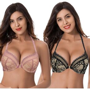 Curve Muse Women's Plus Size Push Up Add 1 Cup Underwire Halter Front Close Bras in Kuwait