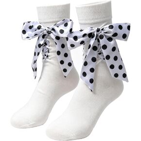 Women's Polka Dot Bow Tie Mid-Calf Socks, Fashion Ruffled Lace Up Crew Socks, Cute Preppy Style Casual Socks in Saudi Arabia