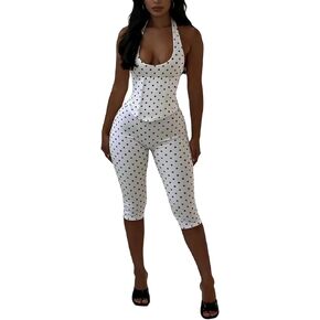 Women's Summer Polka Dot Romper Sexy Capri Jumpsuits Backless Lace-up Bodycon Halter Jumpsuit Club Outfits in Saudi Arabia