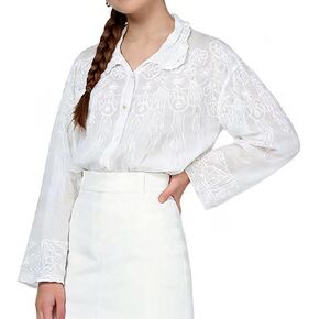 Women's Lace Embroidered Blouse - Elegant Long Sleeve Button-Down Shirt with Scalloped Edges (Collared/Hooded Style) in Saudi Arabia