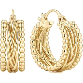 NEARLAND Gold Hoop Earrings 14K Gold Earrings for Women Gold Hoop Earrings for Womens Hoops Twisted Lines with Beaded Textures for Dimensional Look Hoops Earring for Womens in Saudi Arabia