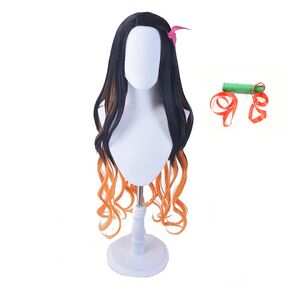 Long Wavy Black and Orange Wig with Gag Ribbon Fangs for Women and Girls (Kamado Nezuko) in Kuwait