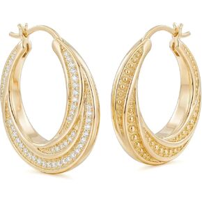 14K Gold Hoop Earrings for Women, Twisted Double-Row Hoop Earrings with Pave Cubic Zirconia, Lightweight Chunky Huggie Hoops Jewelry Gift, 22mm / 25mm in Saudi Arabia