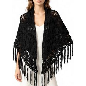 55x25in Handmade Black Fringed Shawl – Fully Hand-Crocheted, Suitable for Both Casual & Formal Occasions, an Ideal Gift Choice in Saudi Arabia