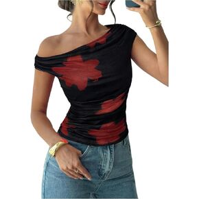 OYOANGLE Women's Floral Tie Dye Off The Shoulder Mesh Top Summer Vacation T Shirt Ruched Cap Sleeve Y2K Going Out Tops in Saudi Arabia