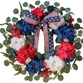 TEMPUS 20 Inch Patriotic Wreath for Front Door, 4th of July Decorations, Red White and Blue Silk Hydrangea Wreath with Eucalyptus, Handmade Memorial Day Independence Day, Labor Day Spring Summer Decor in Kuwait