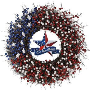 Patriotic Wreath, 4th of July Wreaths,Patriotic Berry red White Blue Door Wreath, Memorial Wreaths,Patriotic Decorations for Memorial Day Independence Day Veterans Day Front Door Wall (Blue) in Kuwait