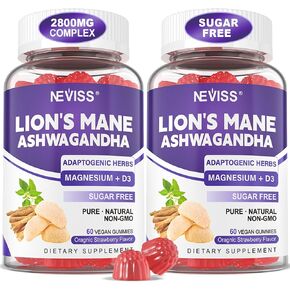 Lions Mane Ashwagandha + Magnesium Glycinate Gummies، مكملات الكورتيزول الهادئة للنساء والرجال مع الزعفران والماكا لذاكرة الطاقة، صمغ مهدئ بتركيز الفطر للبالغين، خالي من السكر، نباتي 120 قيراط in Kuwait