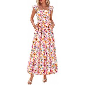 dowerme Womens Summer Dresses 2026 Ruffle Sleeve Square Neck Floral Boho Midi Dress Spring Smocked Beach Party Sundress in Saudi Arabia