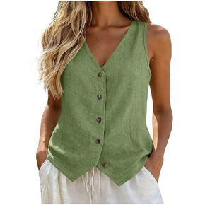 Linen Vest Tops for Women Summer Button Down Sleeveless Shirts Cotton Blend V Neck Tank Dressy Casual Work Gauzy Vests in Kuwait