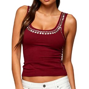 Seyumixi Women's Grommet Tops Sleeveless Scoop Neck Crop Top Silver Rivets Shirt Studded Tank Top Going Out Streetwear in Saudi Arabia