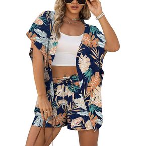 VOIANLIMO Women's Kimono Style 2 Piece Outfits Hawaiian Beach Tropical Print Cover Ups Batwing Sleeve Blouse Shorts Set in Saudi Arabia