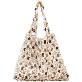 Crochet Shoulder Bag for Women Boho Beaded Hobo Bag Summer Beach Tote Handbag, Lightweight Knit Hobo Purse Handmade in Kuwait