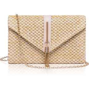 Larcenciel Straw Clutch Purses for Women, Tassel Envelope Beach Purse with Chain Strap, Summer Boho Evening Handbag, Beige Crossbody Shoulder Bag for Wedding, Prom, Party, Vacation, 8.5x5.3x2.2inch | straw woven in Saudi Arabia