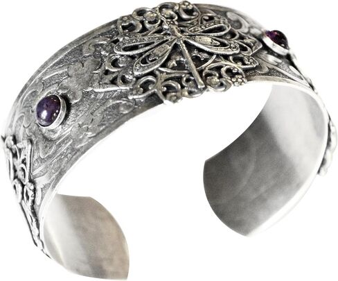 Elaine Coyne Collectible Artwear Mirror Antique Silver Victorian Filigree Dragonfly Cuff - Charoite in Kuwait