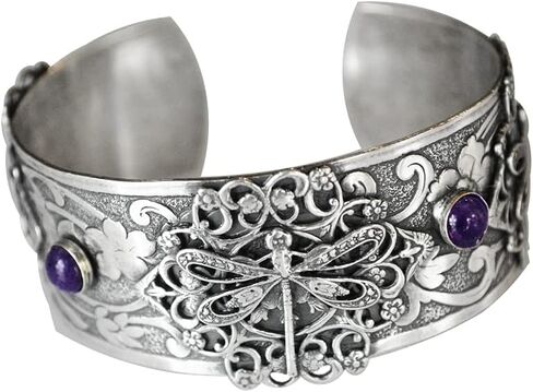 Elaine Coyne Collectible Artwear Mirror Antique Silver Victorian Filigree Dragonfly Cuff - Charoite in Kuwait