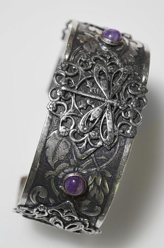 Elaine Coyne Collectible Artwear Mirror Antique Silver Victorian Filigree Dragonfly Cuff - Charoite in Kuwait