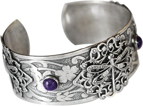 Elaine Coyne Collectible Artwear Mirror Antique Silver Victorian Filigree Dragonfly Cuff - Charoite in Kuwait