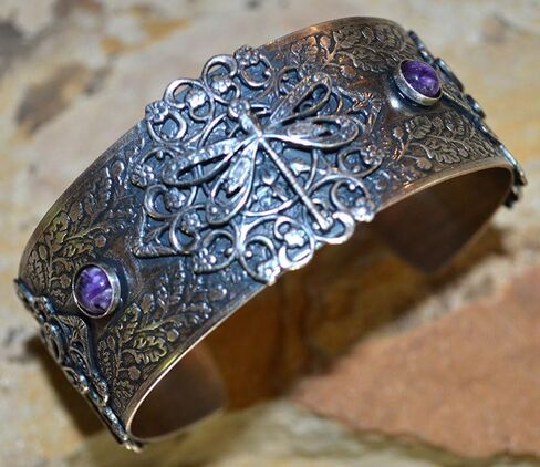Elaine Coyne Collectible Artwear Mirror Antique Silver Victorian Filigree Dragonfly Cuff - Charoite in Kuwait