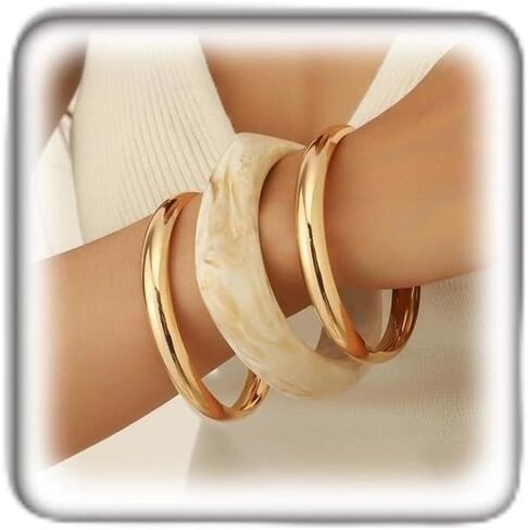 3Pcs Chunky Gold Stackable Bangles Set for Women, Geometric White Marbled Resin Bracelet Vintage Irregular Fashion Accessories Daily Wear Gifts in Saudi Arabia