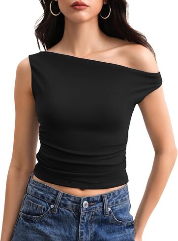 Off The Shoulder Tops for Women Sleeveless Going Out Asymmetrical Ruched Crop Tank Tops Y2K Summer Muse Collection in Saudi Arabia