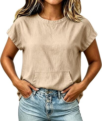 Linen Tops for Women Short Sleeve Kangaroo Pocket T-Shirt Crewneck Sweatshirts Lightweight Casual Athletic Work Tee in Saudi Arabia