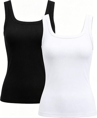 Ribbed Tank Tops for Women, 2 Pack Fitted Basic Black White Summer Tops | Non-see-through, stretchy ribbed tanks,Flattering soft fit for summer, casual days, or office layering in Saudi Arabia
